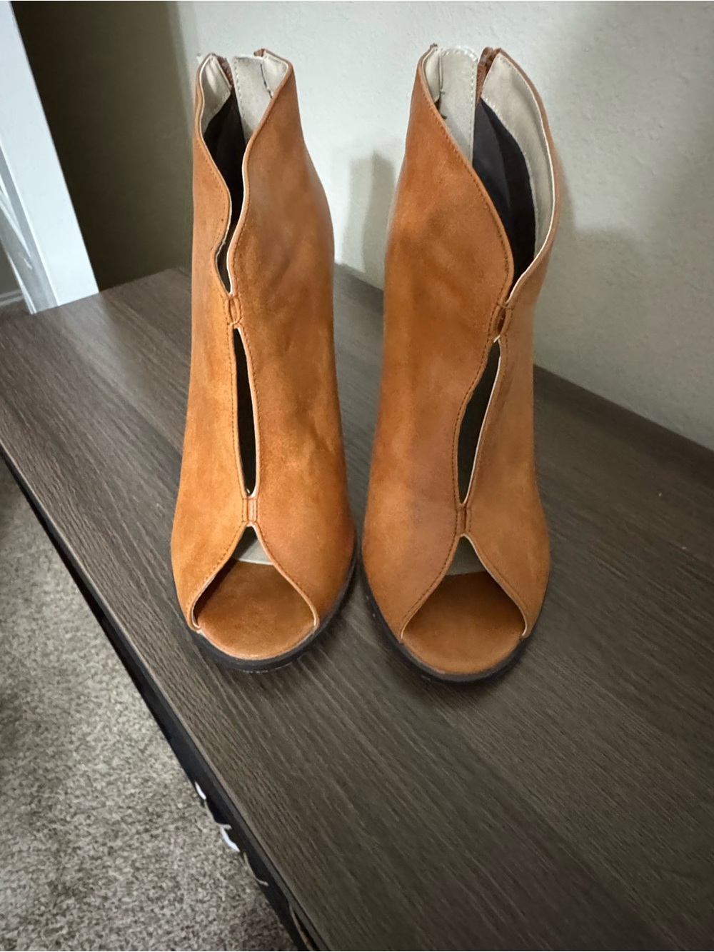 Women's Tan Suede Peep-Toe Ankle Boots